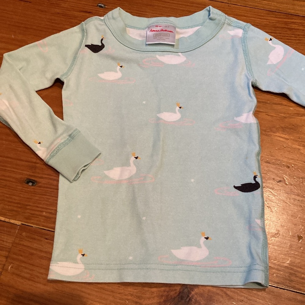 HANNA ANDERSSON 90 3T Mint Black Swan Printed Organic Pajama Top Baselayer